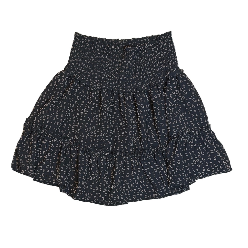 Altard State Leopard Print Smocked Mini Skirt Navy‎ Grey Tiered Ruffle XS Boho